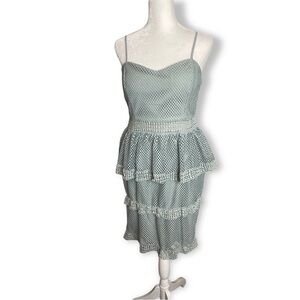 Mystic Size L Gray Cocktail Dress Mesh Fabric Cut Out Waist Strappy Peplum Tier